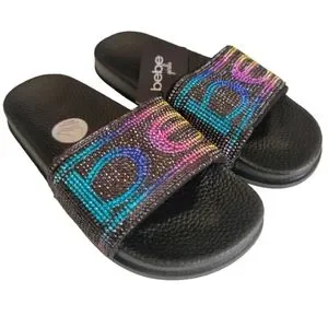 Bebe Rhinestone Logo bebe | Shoes | Bebe Girls Black Multicolored Rhinestone Logo Slides ...